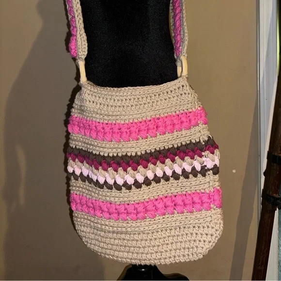 NWT Handcrafted Pink and Tan Crochet Crossbody Bag - Picture 2 of 13
